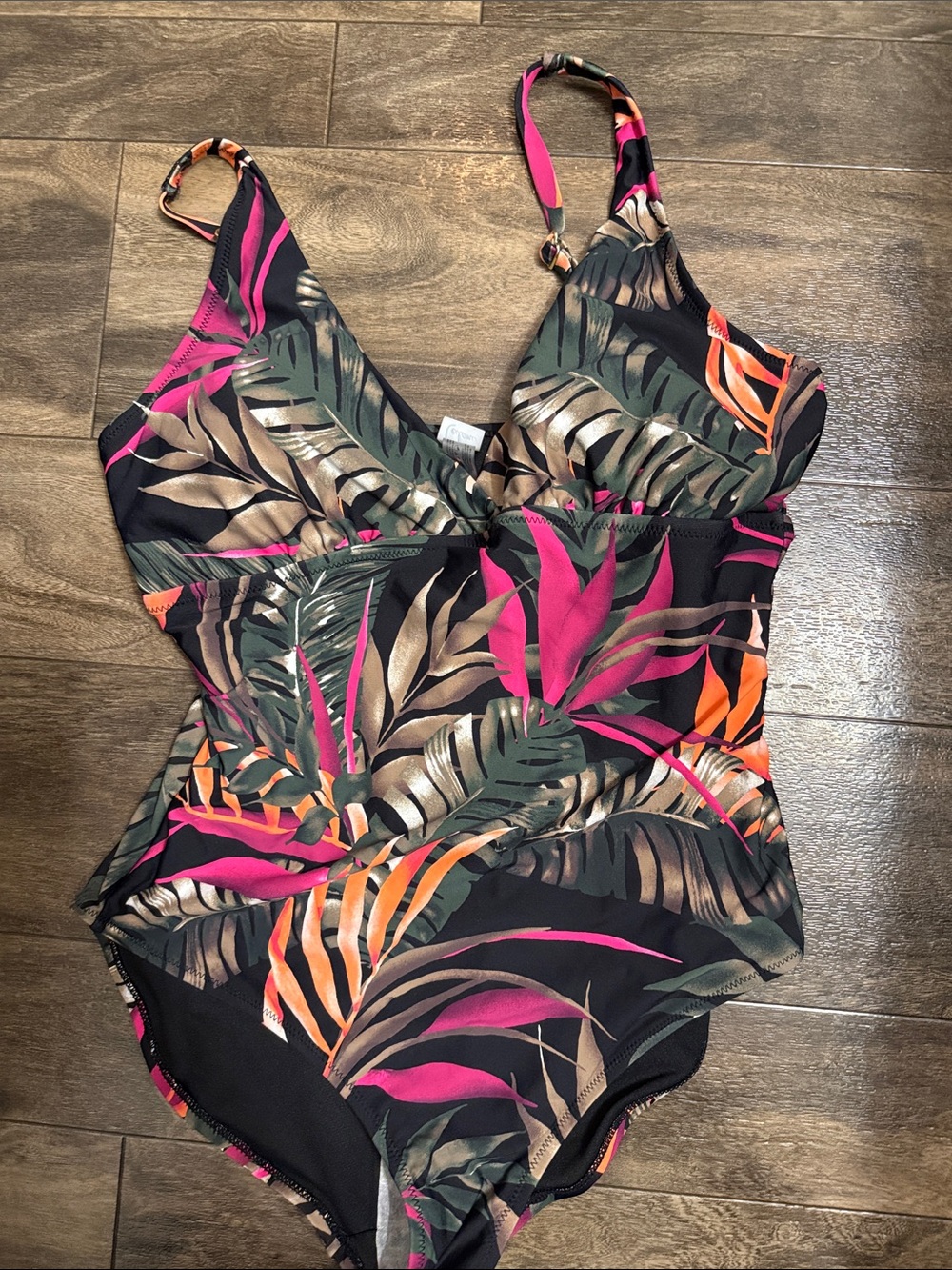 Tropical Leaf Girls' One-Piece Swimsuit - Black with Pink & Orange